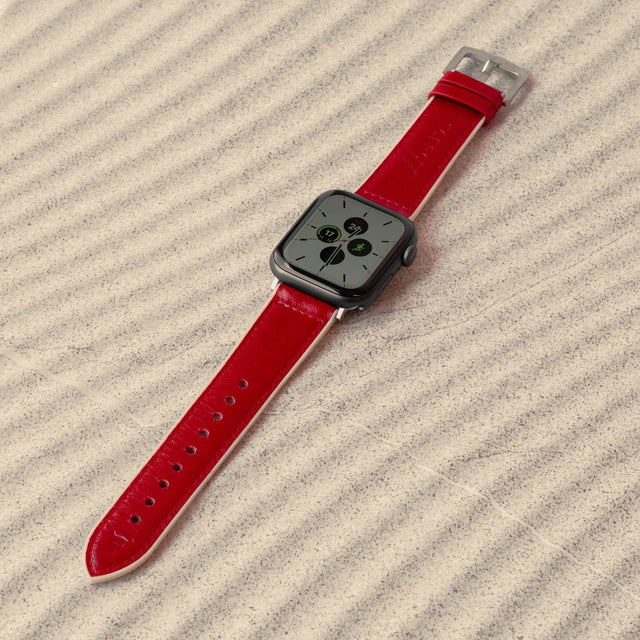 Red Leather Strap attached to an Apple Watch