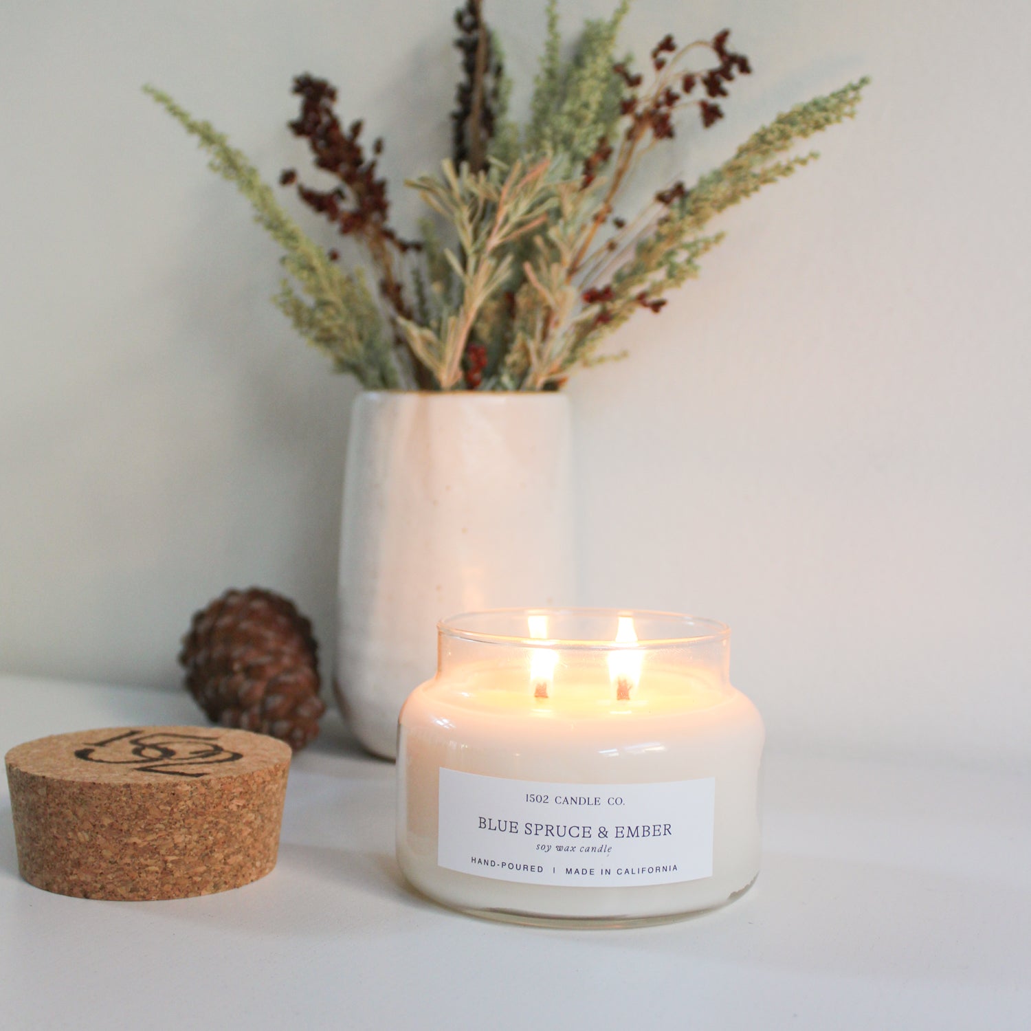 Blue spruce and ember candle for the holidays.