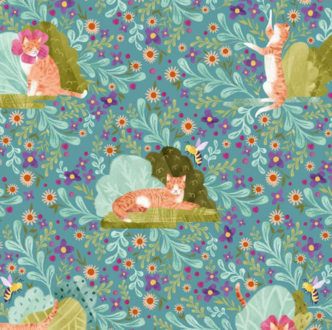 Curiosity Blooms from the Curious Garden Collection by Pammie Jane for Dear Stella Fabrics. Orange kitties on a light green floral background. !00% Cotton, digitally printed fabric.