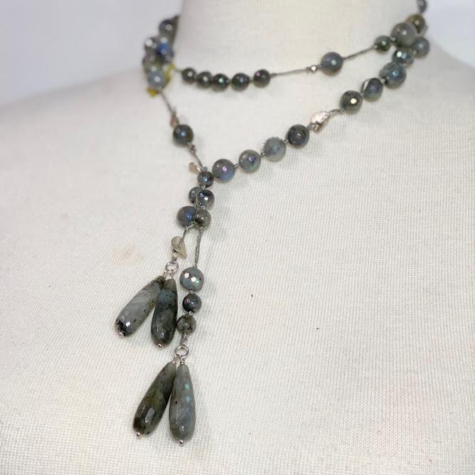 Labradorite Lariat with Sterling Silver Discs; 42
