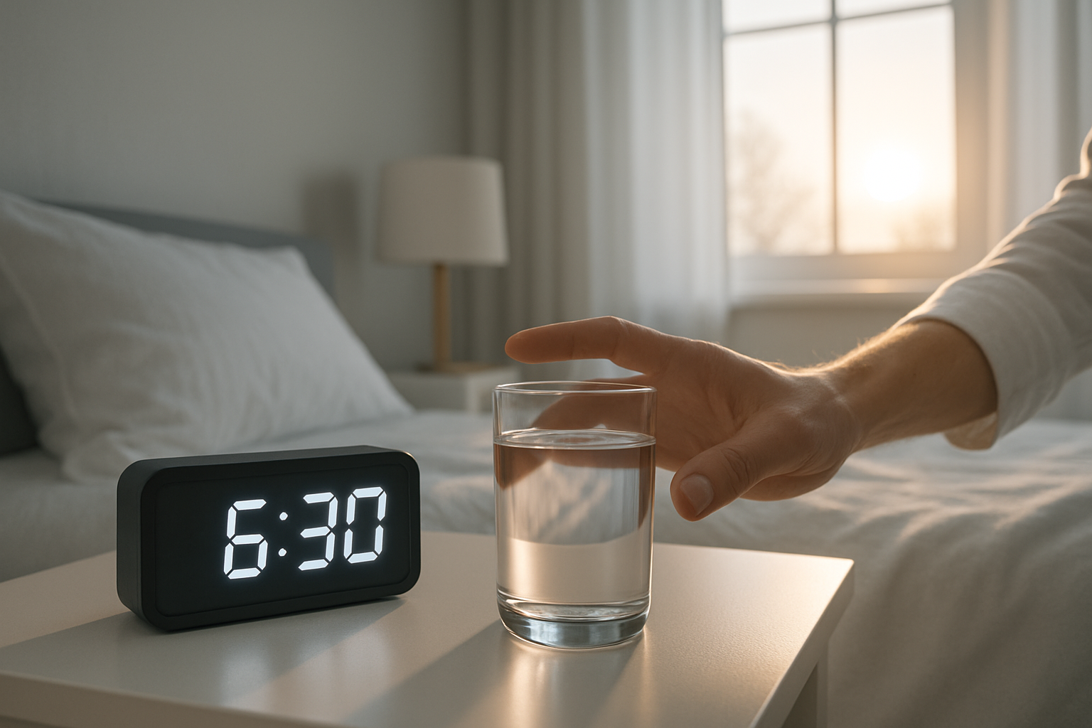 A sunlit bedroom with soft morning light streaming in; a glass of water sits on a bedside table beside a digital clock reading 6:30 AM