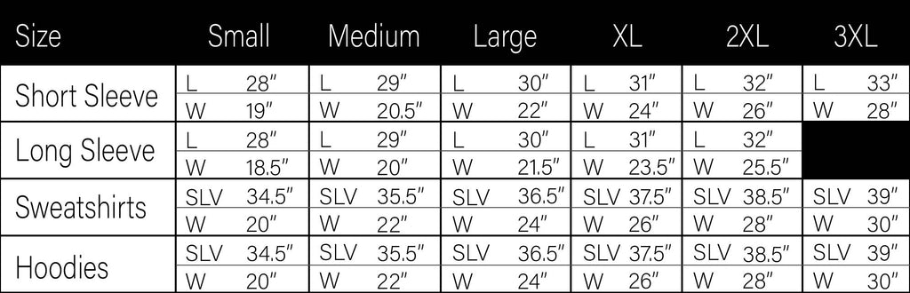 size chart galactic tees