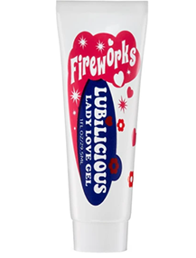 front of Lubilicious tube of Fireworks - arousal gel for clitoral stimulation, main ingredient peppermint for tingling sensation, water based gel for increased climaxes