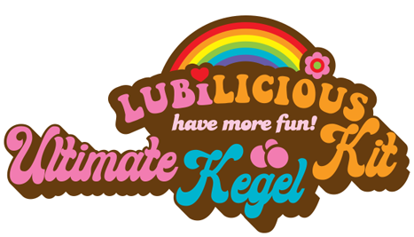 logo of Lubilicious with rainbow with tagline have more fun and logo of the Ultimate Kegel Kit with kegel balls and remote control and arousal gel Fireworks