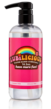 full size bottle of Lubilicious Original water based lube - largest bottle for largest fantasies, 16.5 oz in hot pink bottle with easy to use leak free pump top to squirt out the perfect amount easy clean up