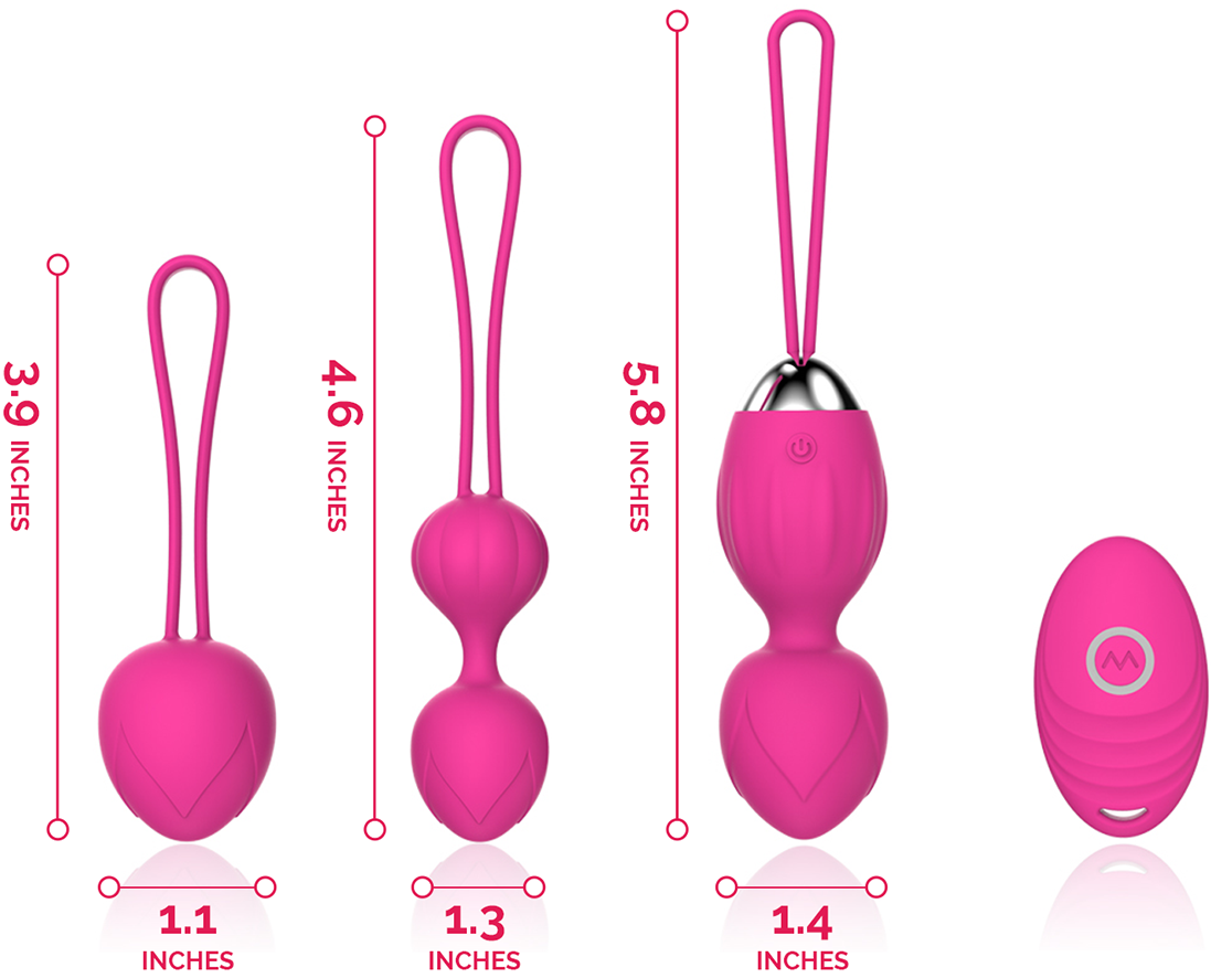 vector diagram of three kegel balls that come in Ultimate Kegel Kit with their sizes and remote control