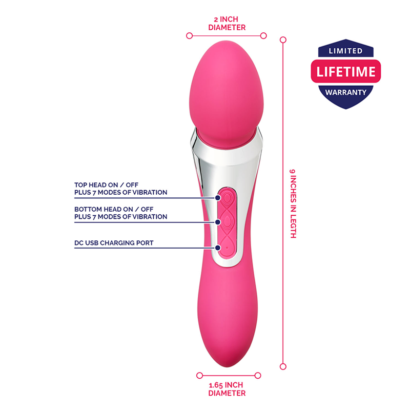 diagram of Double Dynamite vibrator double ended vibrator for vaginal or anal penetration showing each button and its purpose 2 inch diameter and 9 inches in length with limited lifetime warranty badge for all Lubilicious sex toys