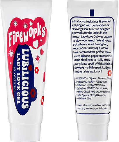 front and back of 1 oz Lubilicious Fireworks tube lady love gel female arousal gel with ingredients and instructions to only put a tiny bit on the clitoris to add a bit of heat and stimulation