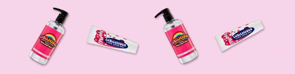 floating bar of Original Lubilicious lube 16.5 oz bottles and 1 oz bottles of Fireworks stimulation gel