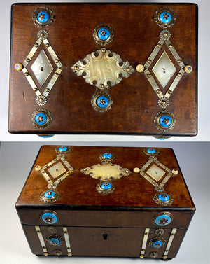 Antique French Jewelry or Sewing Box, Mother of Pearl and Bressan Kiln-fired Enamel Decoration, c.1830s