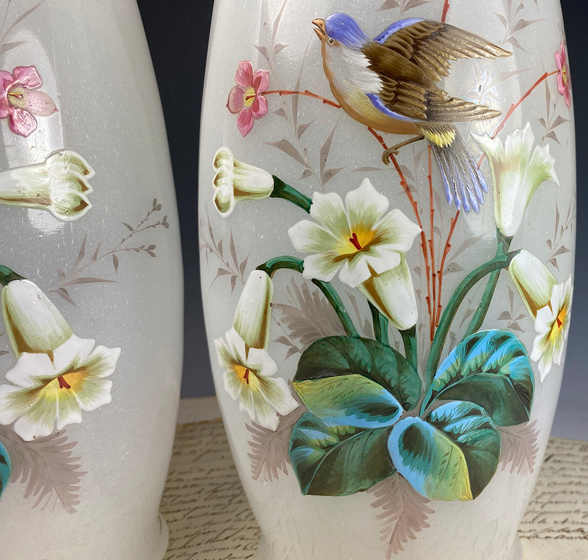 Huge 11" Tall PAIR (2) Antique French Opaline Alter Vases, LeGras, Thick Enamel Florals and Birds, Lily