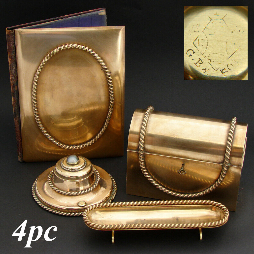 Antique English Faux Bamboo Brass Bronze Inkwell Standish Desk Set