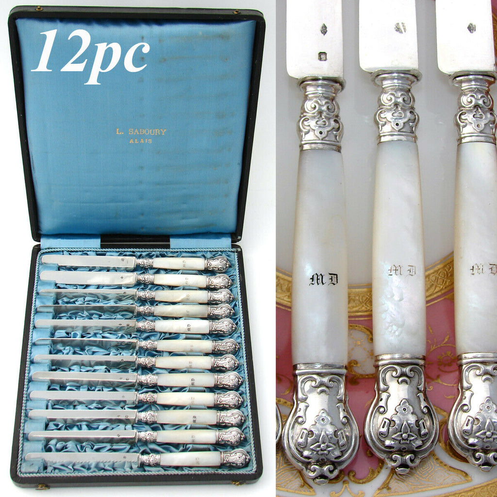 Elegant Antique French 10pc Fruit Knife Set, Mother of Pearl with