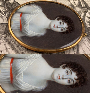 First Empire Antique French Portrait Miniature in 18k Frame, Italian Artist Signed, Taglionini