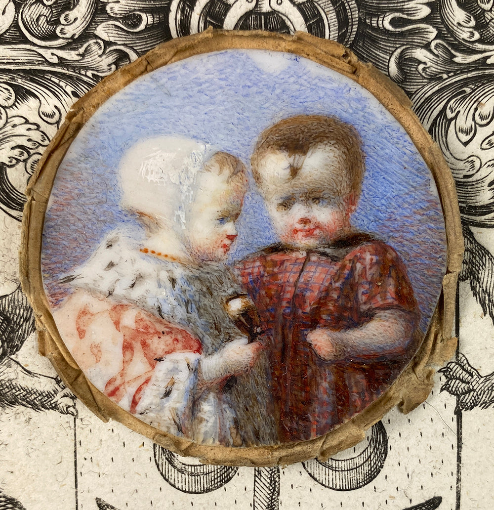 RARE Antique French or Prussian Portrait Miniature of 2 Small Children, Toddlers, One in Royal Robe with Ermine