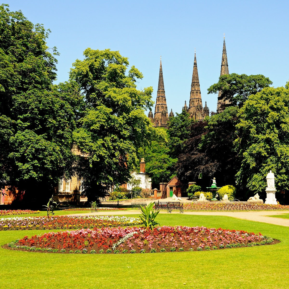 Lichfield Cathedral's three spires seen from Beacon Park
