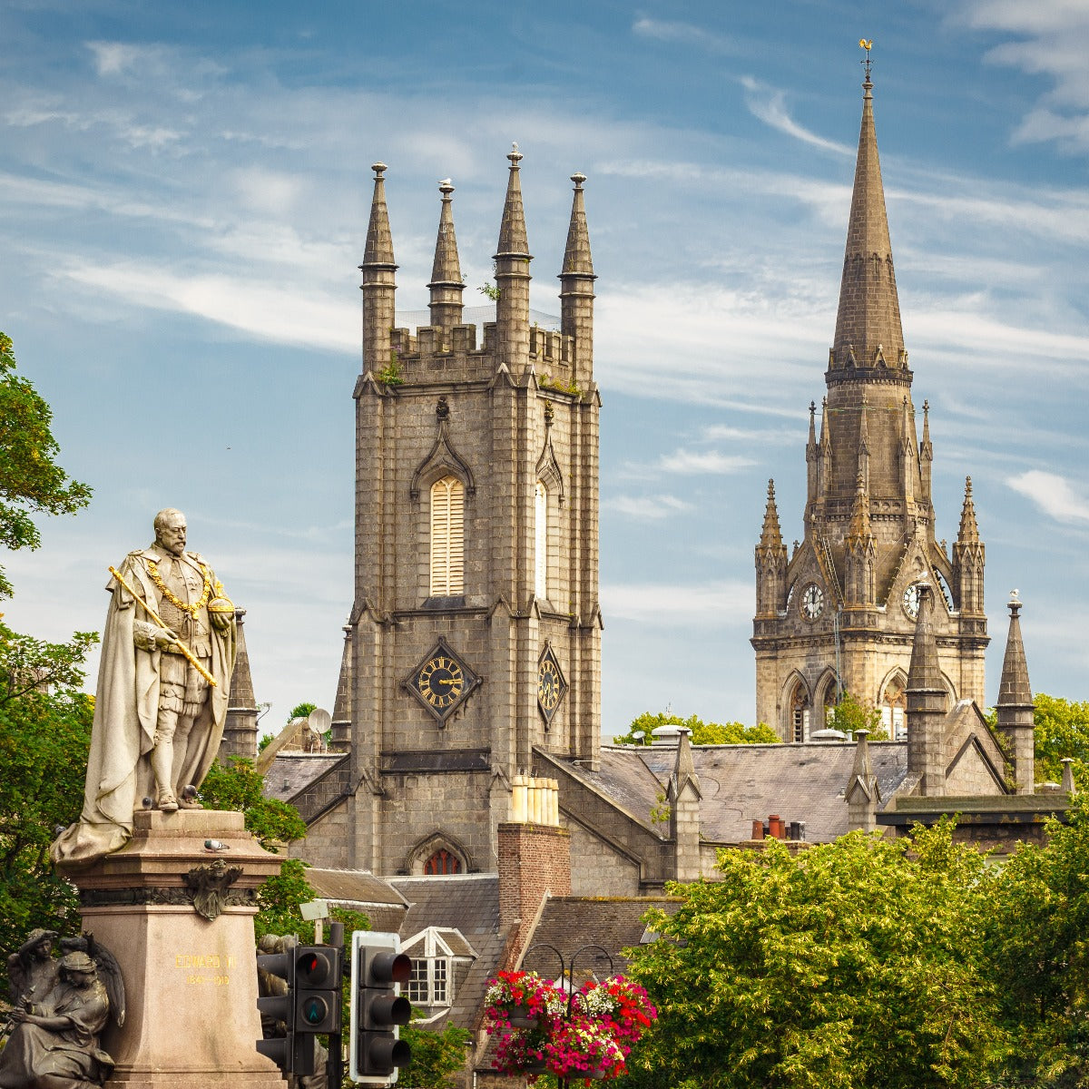 Triple Kirks and Edward VII's statue in Aberdeen