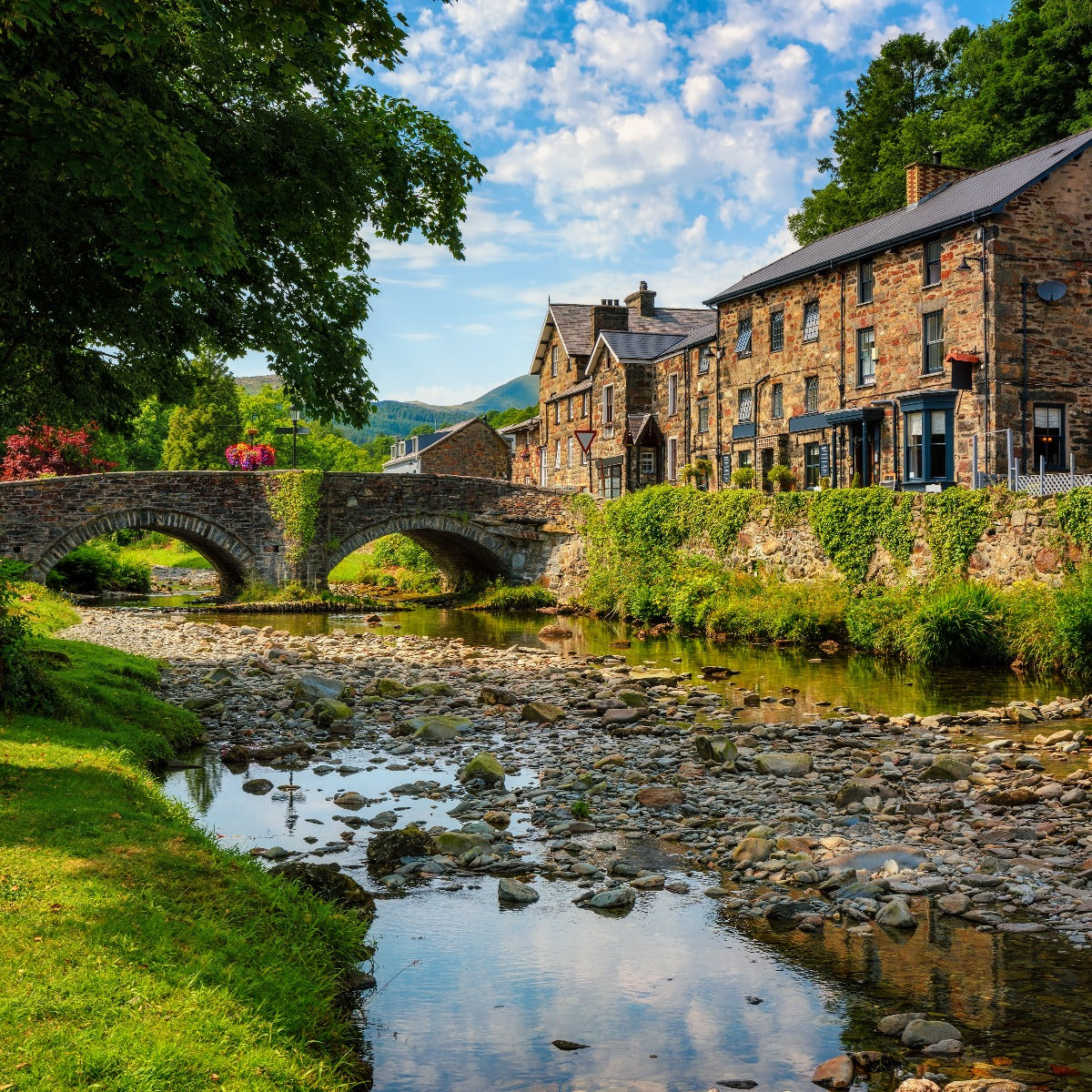 Looking at houses and the bridge from the riverside in Beddgelert