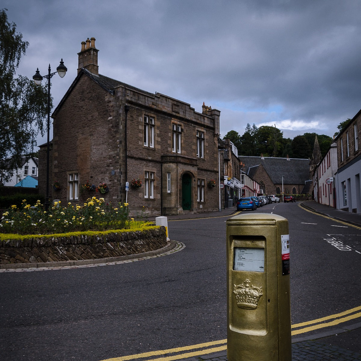 Dunblane High Street and Andy Murray's golden post box