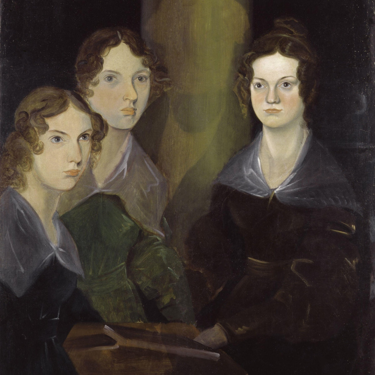 Portrait of Charlotte, Emily and Anne Brontë by Branwell Brontë, who erased himself from the painting