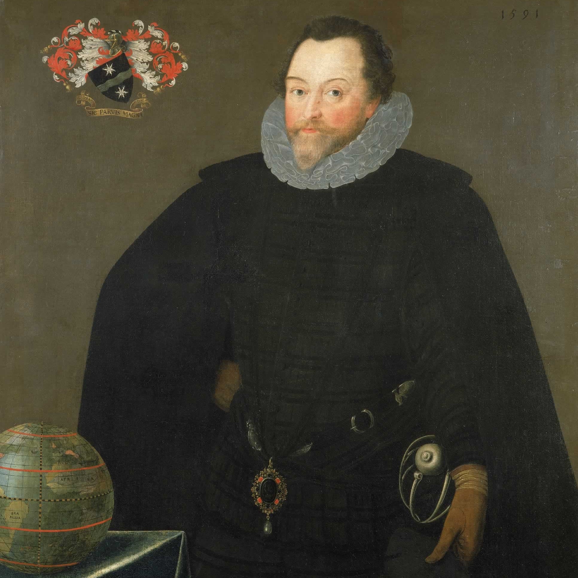 A portrait from 1591 of Sir Francis Drake stood next to a globe