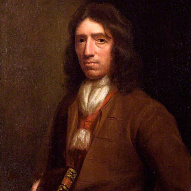 A portrait of William Dampier holding one of his books