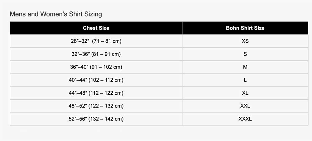 Bohn Armor Shirt Sizing Chart