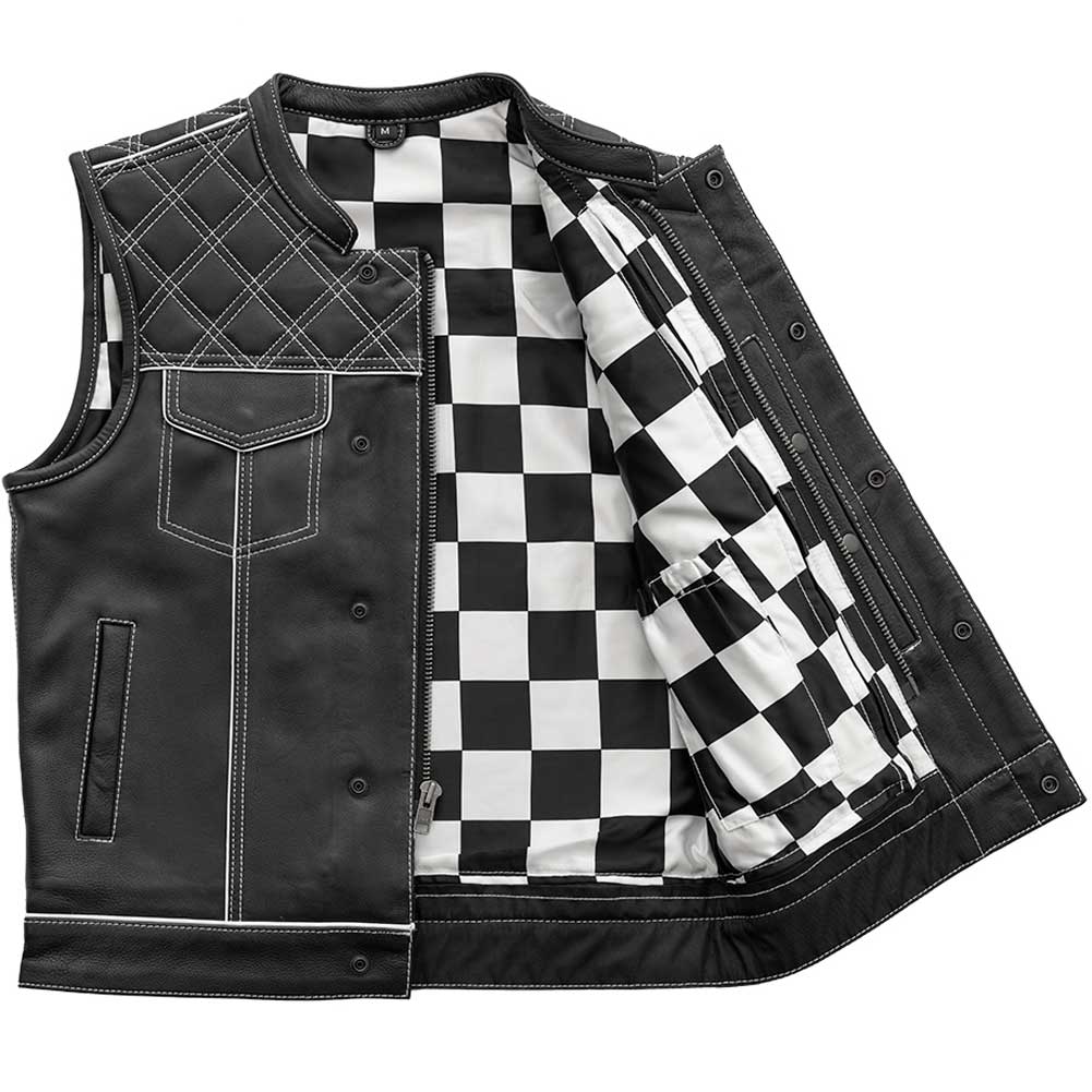 First Mfg Mens Checker Custom Leather Vest - The Bikers' Den