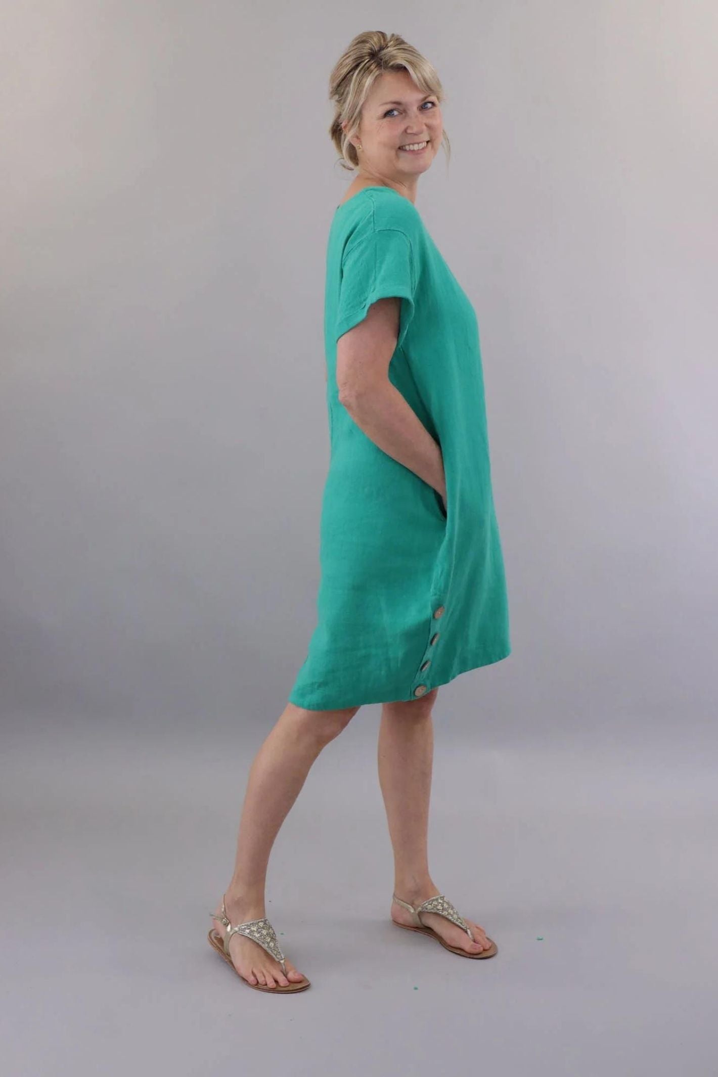 Sea Green Short Sleeve Linen Bubble Dress – Experience