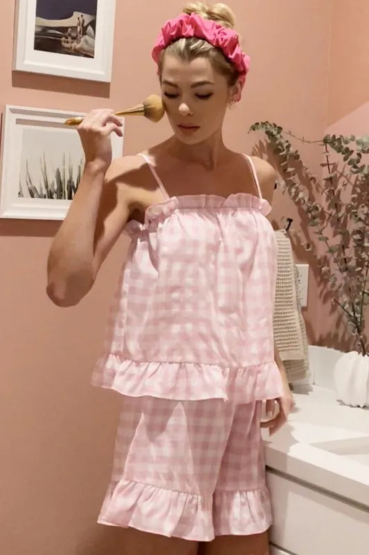 Lime 'N' Chili Gingham Ruffle Trim Cami and Shorts Pajama Set