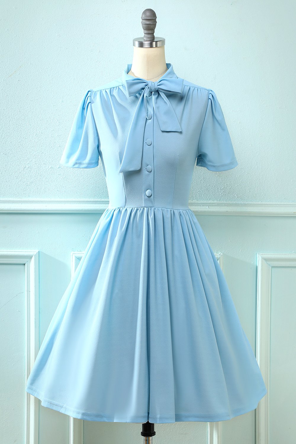 Vestido azul vintage de la década de 1950 con Bowknot