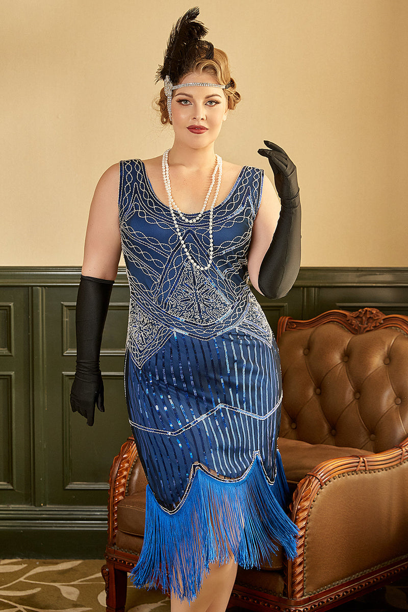Royal Azul Talla Grande Vestido De La Década 1920 Con Flecos |