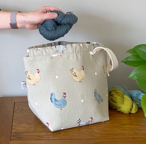 A knitting project bag from the Chickens range, handmade by Eldenwood Craft