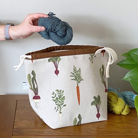 A knitting project bag from the Kitchen Garden range, handmade by Eldenwood Craft