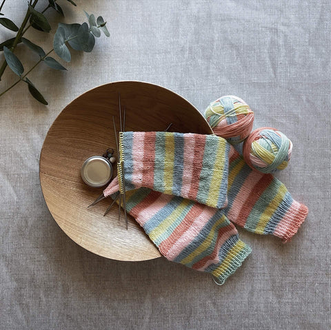 A pair of handknit socks sits on a table with some foliage in one corner. The socks are stripy pink, coral, blue, yellow and green. 