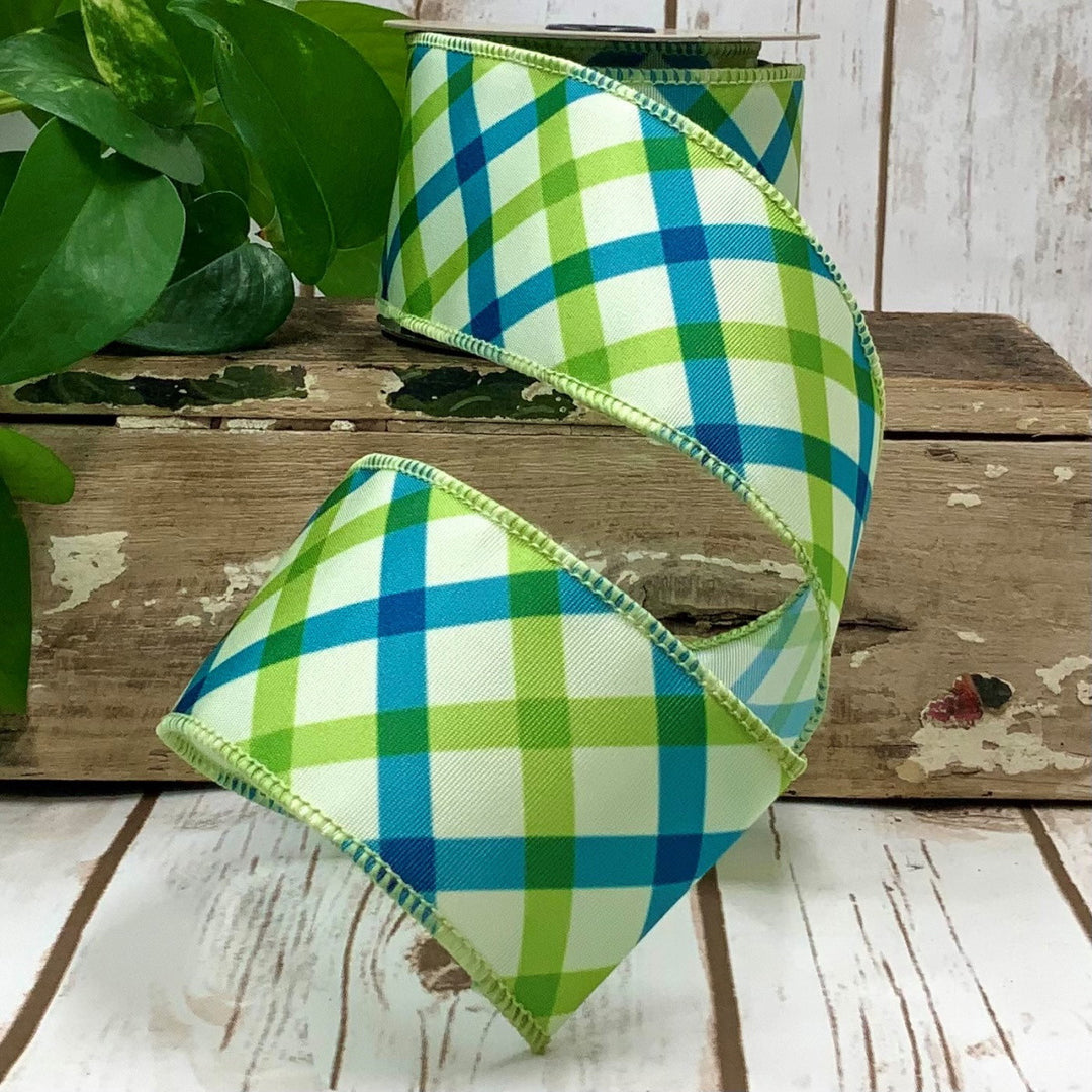 Lime Green White - Diagonal Stripe Multi Check Ribbon - 1-1/2 inch x 10 Yards