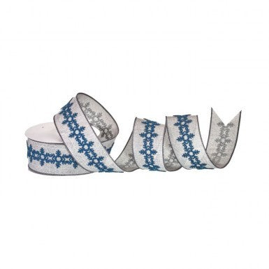 10 Yards - 1.5” Wired Blue and White Glitter Snowflake Ribbon