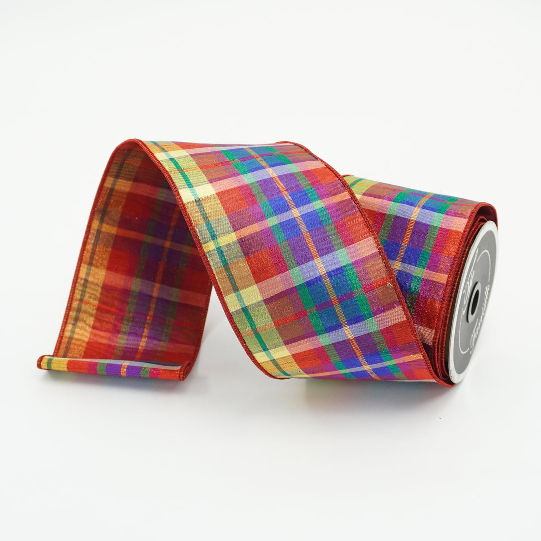 Farrisilk 4 X 10 YD Tan/Red Tartan Plaid Wired Ribbon with Jewel