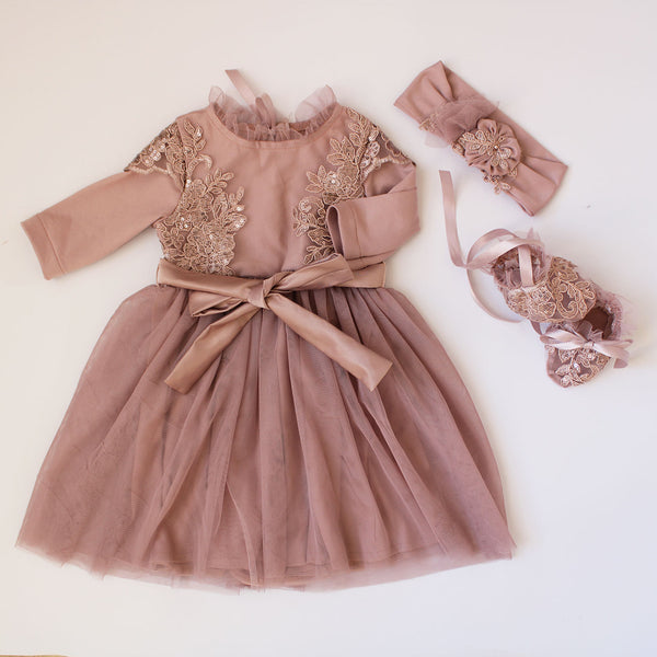 Emily long-sleeve Mauve Pink Lace Dress (headband included)