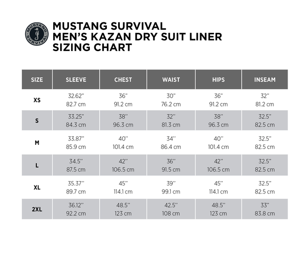 Kazan Drysuit liner size chart