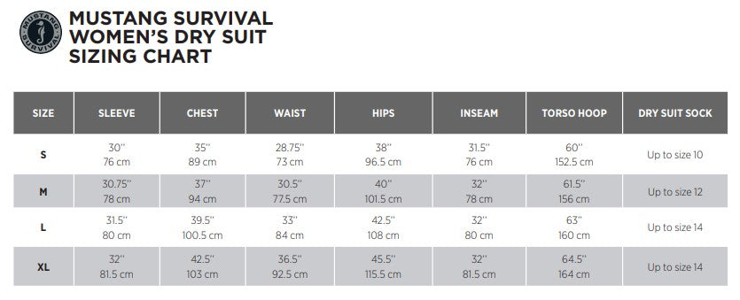 Mustang Survival Women's Dry Suit Size Chart