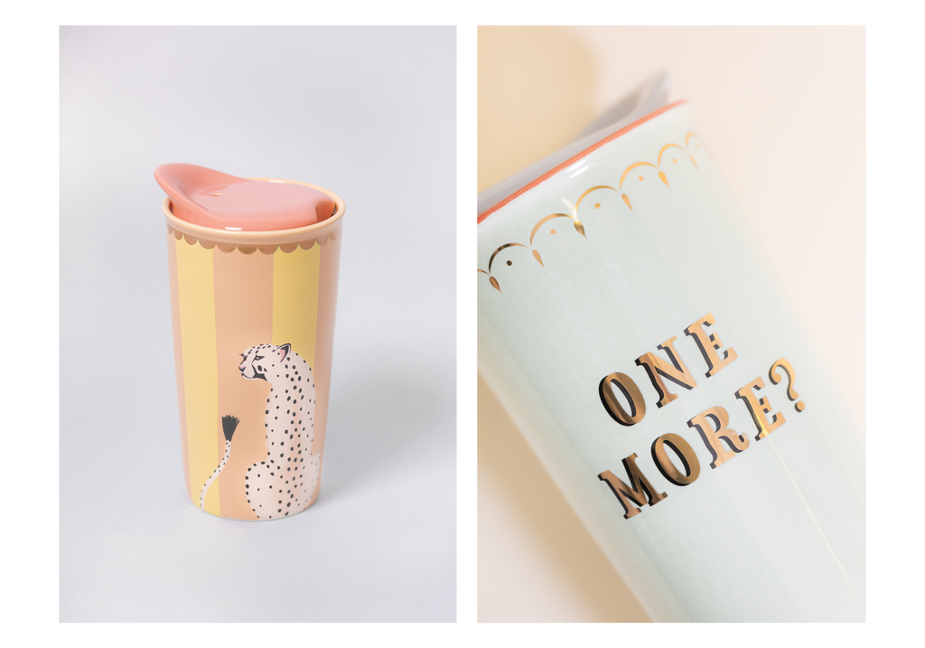 pastel ceramic travel mugs with gold detail