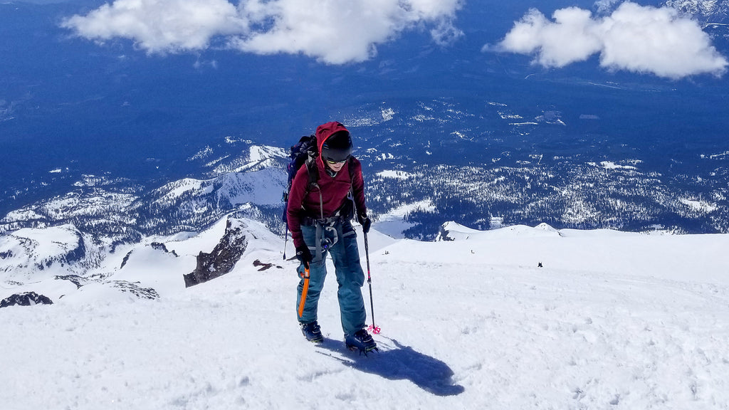 A climber putting the Rest Step to use on Mount Shasta. The Rest Step is a technique that saves a tiny amount of energy every time you step.  Over the course of a long climb this really ads up!