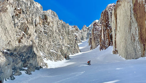 Brian Stenerson finds powder while snowboarding Mt. Emerson's Zebra Couloir in the Eastern Sierra Backcountry.