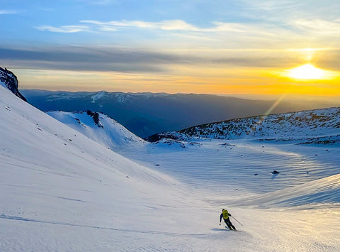 backcountry skiing Mt Shasta's West Face with perfect weather conditions