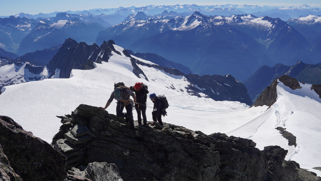 A Blackbird Mountain Guides team ascending the southeast ridge of Mount Shuksan. The southeast ridge is one of the options to reach the summit of Mount Shuksan