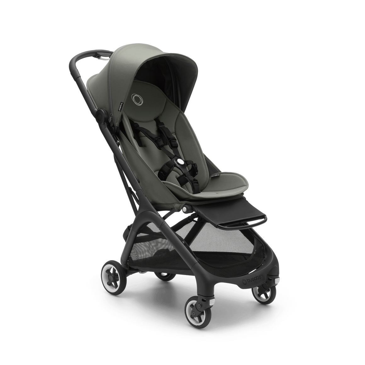 Sleek olive green travel stroller designed for ease of mobility and comfort.
