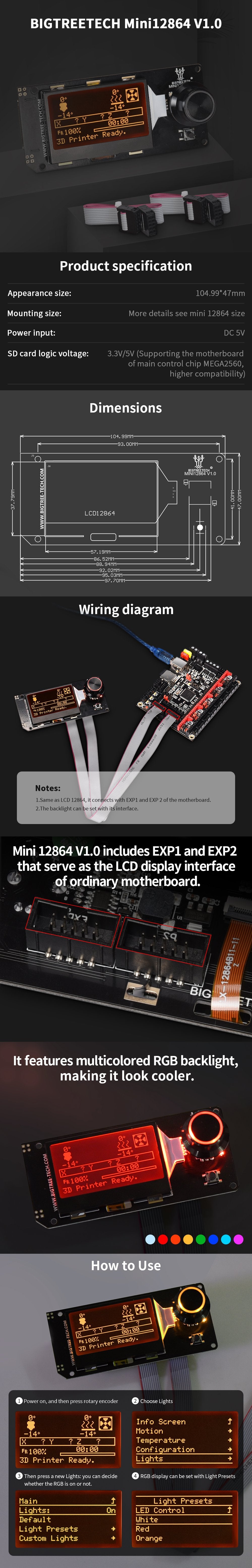 BIGTREETECH MINI12864 V1.0 LCD with RGB Backlight Suitable for Voron 2.4, MKS Gen, SKR Mini E3 V2.0