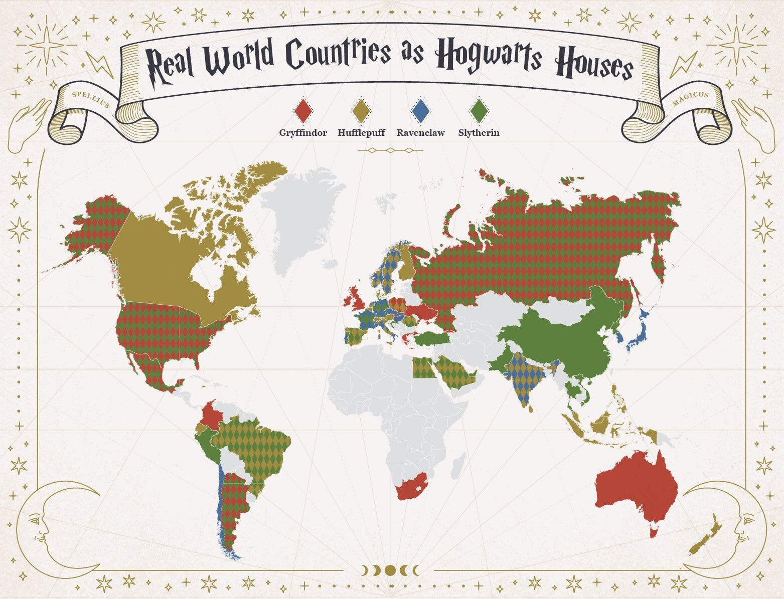 infographic of uk countries as hogwarts houses from harry potter