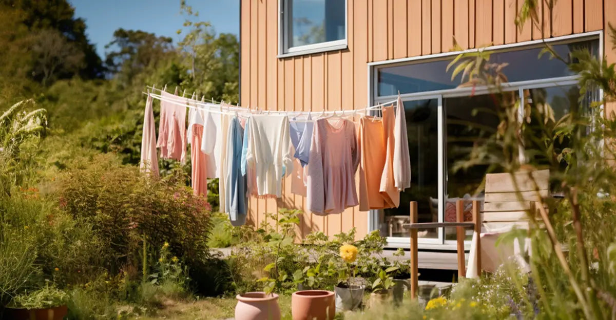 tvätt som hänger i trädgården vid ett skandinaviskt designat hus